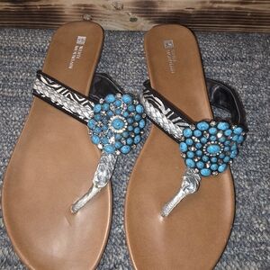 Women's Beaded Sandals in Turquoise and Silver